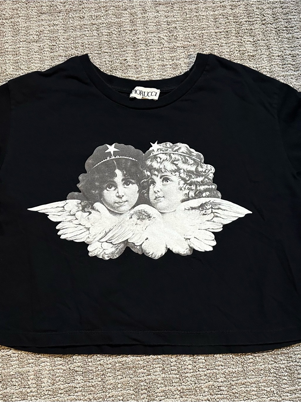 Fiorucci Black Graphic Crop Tee with Angels in White Size Small